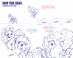 Size: 5000x4000 | Tagged: safe, artist:dilarus, ponerpics import, pinkie pie, rainbow dash, earth pony, pegasus, pony, comic:know your enemy, absurd resolution, comic, deleted from derpibooru, duo, female, happy, mare, monochrome, neo noir, partial color, pronking, simple background, smiling, speech bubble, tag (game), title page, white background