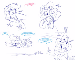 Size: 5000x4000 | Tagged: safe, artist:dilarus, ponerpics import, pinkie pie, rainbow dash, earth pony, pegasus, pony, comic:know your enemy, :|, absurd resolution, boop, chase, comic, cute, deleted from derpibooru, diapinkes, duo, female, happy, laughing, mare, meep meep, monochrome, neo noir, partial color, pronking, raspberry, road runner, simple background, smiling, speech bubble, tag (game), tongue, tongue out, white background