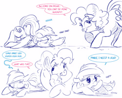 Size: 5000x4000 | Tagged: safe, artist:dilarus, ponerpics import, pinkie pie, rainbow dash, earth pony, pegasus, pony, comic:know your enemy, absurd resolution, comic, cute, deleted from derpibooru, drool, duo, ears, exhausted, female, floppy ears, happy, mare, monochrome, neo noir, panting, partial color, simple background, smiling, speech bubble, stretching, sweat, tag (game), tired, tongue, tongue out, trick, white background