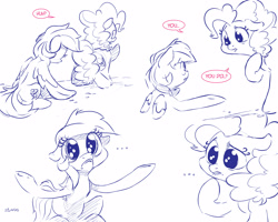 Size: 5000x4000 | Tagged: safe, artist:dilarus, ponerpics import, pinkie pie, rainbow dash, earth pony, pegasus, pony, comic:know your enemy, absurd resolution, cute, deleted from derpibooru, diapinkes, doe eyes, duo, female, frown, hugs?, its a trap!, mare, monochrome, neo noir, partial color, puppy dog eyes, sad, simple background, speech bubble, tag (game), trick, unsure, weapons-grade cute, white background