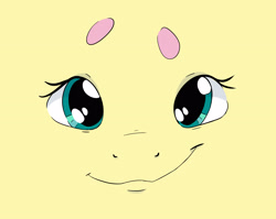Size: 3040x2424 | Tagged: safe, artist:dilarus, ponerpics import, fluttershy, pony, beanbrows, close-up, deleted from derpibooru, eye, eyebrows, eyes, face, female, looking at you, mare, simple background, solo, yellow background