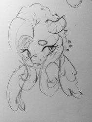Size: 960x1280 | Tagged: safe, artist:dilarus, ponerpics import, fluttershy, pony, beanbrows, bust, deleted from derpibooru, eyebrows, grayscale, heart, monochrome, sketch, solo, traditional art