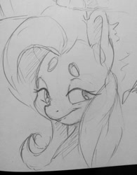 Size: 997x1280 | Tagged: safe, artist:dilarus, ponerpics import, fluttershy, pony, beanbrows, bust, deleted from derpibooru, eyebrows, female, grayscale, mare, monochrome, portrait, solo, traditional art
