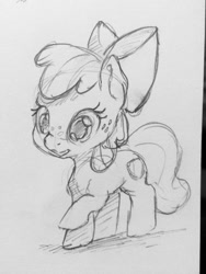 Size: 960x1280 | Tagged: safe, artist:dilarus, ponerpics import, apple bloom, earth pony, pony, cute, deleted from derpibooru, female, filly, freckles, grayscale, monochrome, pencil drawing, raised hoof, raised leg, solo, traditional art