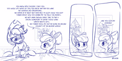 Size: 4000x2000 | Tagged: safe, artist:dilarus, ponerpics import, apple bloom, applejack, earth pony, pony, adorabloom, american gothic, bow, comic, cowboy hat, cute, deleted from derpibooru, drink, duo, female, filly, hair bow, hat, innocent, looking at you, mare, midlife crisis, monochrome, naive, oblivious, sad, sisters