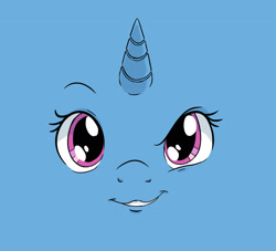 Size: 2400x2175 | Tagged: safe, artist:dilarus, ponerpics import, trixie, pony, blue background, deleted from derpibooru, eye, eyebrows, face, female, looking at you, mare, simple background, solo