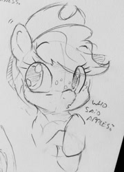 Size: 920x1280 | Tagged: safe, artist:dilarus, ponerpics import, applejack, earth pony, pony, cowboy hat, deleted from derpibooru, dialogue, female, hat, mare, monochrome, simple background, sketch, solo, stetson, traditional art