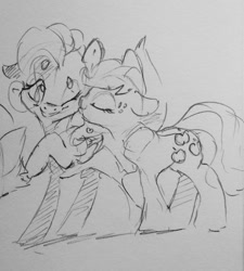 Size: 1150x1280 | Tagged: safe, artist:dilarus, ponerpics import, applejack, fluttershy, earth pony, pegasus, pony, appleshy, cowboy hat, cute, deleted from derpibooru, female, hat, jackabetes, kiss on the cheek, kissing, lesbian, mare, monochrome, raised hoof, raised leg, shipping, shyabetes, simple background, sketch, smiling, stetson, traditional art