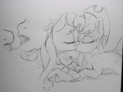 Size: 1280x960 | Tagged: safe, artist:dilarus, ponerpics import, applejack, fluttershy, earth pony, pegasus, pony, appleshy, deleted from derpibooru, drool, drool string, eyes closed, female, grayscale, kissing, lesbian, lying, mare, monochrome, shipping, traditional art