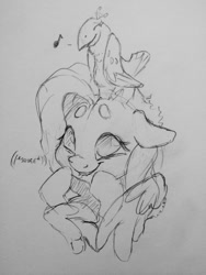 Size: 960x1280 | Tagged: safe, artist:dilarus, ponerpics import, fluttershy, bird, pegasus, pony, bust, deleted from derpibooru, duo, female, grayscale, mare, monochrome, music notes, squee, traditional art