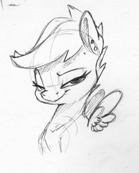 Size: 1019x1261 | Tagged: safe, artist:dilarus, ponerpics import, scootaloo, pony, deleted from derpibooru, looking at you, monochrome, older, older scootaloo, simple background, sketch, smiling, solo, traditional art