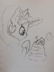 Size: 2448x3264 | Tagged: safe, artist:dilarus, ponerpics import, princess celestia, twilight sparkle, alicorn, pony, unicorn, blanket burrito, clothes, deleted from derpibooru, duo, female, filly, filly twilight sparkle, gift wrapped, heart, magic, mare, monochrome, scarf, telekinesis, that pony sure does love celestia, the tiny apprentice, traditional art, younger