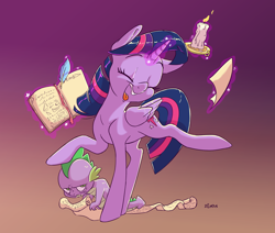 Size: 3030x2574 | Tagged: safe, artist:dilarus, ponerpics import, spike, twilight sparkle, twilight sparkle (alicorn), alicorn, dragon, pony, adorkable, annoyed, book, cute, dancing, deleted from derpibooru, do the sparkle, dork, duo, female, glowing horn, gradient background, horn, magic, male, mare, scroll, telekinesis, twiabetes