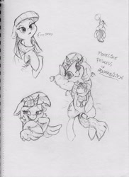 Size: 2552x3508 | Tagged: safe, artist:dilarus, ponerpics import, maud pie, smarty pants, twilight sparkle, twilight sparkle (alicorn), alicorn, earth pony, pony, blushing, cute, deleted from derpibooru, dialogue, duo, female, grayscale, heart, lying, mare, monochrome, on back, pillow, raised hoof, raised leg, traditional art