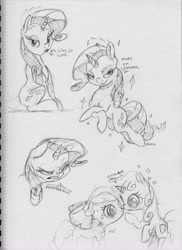 Size: 2552x3508 | Tagged: safe, artist:dilarus, ponerpics import, apple bloom, rarity, sweetie belle, pony, unicorn, adoracreepy, creepy, creepy smile, cute, deleted from derpibooru, dialogue, female, grayscale, heart, lesbian, lidded eyes, mare, monochrome, shipping, signature, simple background, sketch, smiling, sweetiebloom, traditional art