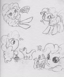 Size: 2483x2967 | Tagged: safe, artist:dilarus, ponerpics import, gummy, pinkie pie, alligator, earth pony, pony, clothes, dapper, deleted from derpibooru, dialogue, duo, female, gasp, grayscale, male, mare, monochrome, suit, traditional art