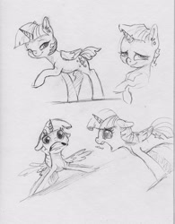 Size: 2472x3167 | Tagged: safe, artist:dilarus, ponerpics import, twilight sparkle, twilight sparkle (alicorn), alicorn, pony, alternate hairstyle, bust, deleted from derpibooru, ear piercing, earring, female, grayscale, horse noises, jewelry, mare, monochrome, onomatopoeia, piercing, raised hoof, raised leg, solo, traditional art, whinny