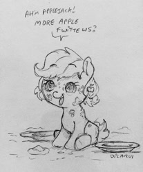 Size: 1059x1280 | Tagged: safe, artist:dilarus, ponerpics import, applejack, earth pony, pony, babyjack, cute, deleted from derpibooru, dialogue, female, foal, grayscale, messy eating, monochrome, open mouth, signature, sitting, solo, traditional art, younger