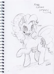 Size: 1801x2449 | Tagged: safe, artist:dilarus, ponerpics import, pinkie pie, earth pony, pony, deleted from derpibooru, dialogue, dilated pupils, female, gasp, grayscale, mare, monochrome, offscreen character, open mouth, pencil drawing, raised hoof, raised leg, signature, solo, traditional art, wide eyes