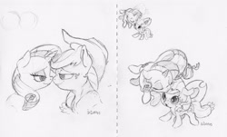 Size: 3252x1963 | Tagged: safe, artist:dilarus, ponerpics import, applejack, rarity, earth pony, pony, unicorn, boop, bust, commission, deleted from derpibooru, eyes closed, female, grayscale, kissing, lesbian, lidded eyes, looking at each other, mare, monochrome, noseboop, nuzzling, patreon, pencil drawing, rarijack, screw gravity, shipping, signature, traditional art