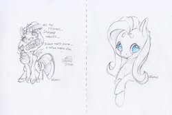 Size: 3242x2166 | Tagged: safe, artist:dilarus, ponerpics import, fluttershy, twilight sparkle, twilight sparkle (alicorn), alicorn, pegasus, pony, comic:the many faces of twilight sparkle, bust, commission, deleted from derpibooru, dialogue, faic, female, grayscale, mare, monochrome, partial color, patreon, pencil drawing, signature, traditional art