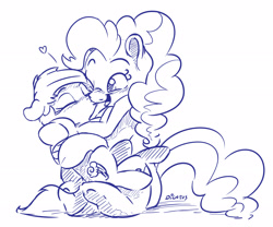 Size: 3097x2572 | Tagged: safe, artist:dilarus, ponerpics import, pinkie pie, rainbow dash, earth pony, pegasus, pony, cute, deleted from derpibooru, eyes closed, female, heart, hug, kissing, lesbian, mare, meet-the-pones, monochrome, one eye closed, pinkiedash, shipping, signature, simple background, sketch, smoldash, white background