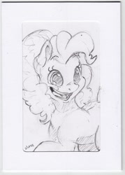 Size: 1292x1809 | Tagged: safe, artist:dilarus, ponerpics import, pinkie pie, earth pony, pony, card, deleted from derpibooru, female, gift card, grayscale, mare, monochrome, open mouth, signature, simple background, solo, traditional art, white background