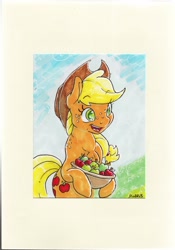 Size: 1752x2504 | Tagged: safe, artist:dilarus, ponerpics import, applejack, earth pony, pony, apple, card, cowboy hat, deleted from derpibooru, female, food, gift card, hat, hoof hold, mare, marker drawing, signature, smiling, solo, traditional art