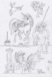 Size: 1653x2436 | Tagged: safe, artist:dilarus, ponerpics import, twilight sparkle, twilight sparkle (alicorn), alicorn, centaur, comic:the many faces of twilight sparkle, butt wings, deleted from derpibooru, monochrome, not salmon, snail, species swap, traditional art, wat