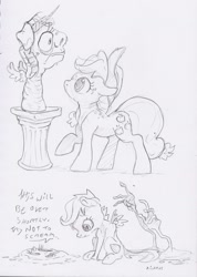Size: 1648x2314 | Tagged: safe, artist:dilarus, ponerpics import, applejack, scootaloo, twilight sparkle, twilight sparkle (alicorn), alicorn, earth pony, goo pony, original species, pegasus, pony, comic:the many faces of twilight sparkle, bust, deleted from derpibooru, dialogue, hat, monochrome, sculpture, traditional art