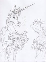Size: 1661x2251 | Tagged: safe, artist:dilarus, ponerpics import, twilight sparkle, twilight sparkle (alicorn), alicorn, anthro, frog, comic:the many faces of twilight sparkle, deleted from derpibooru, hoers, monochrome, newspaper, smoking, species swap, traditional art