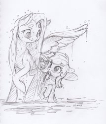 Size: 1102x1280 | Tagged: safe, artist:dilarus, ponerpics import, fluttershy, rainbow dash, pegasus, pony, deleted from derpibooru, ears, female, floppy ears, flutterdash, grayscale, lesbian, looking at each other, mare, monochrome, one wing out, pencil drawing, rain, raised hoof, raised leg, shipping, signature, simple background, size difference, sketch, smoldash, tallershy, traditional art, white background, wing umbrella