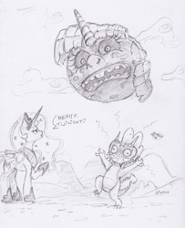 Size: 1661x2050 | Tagged: safe, artist:dilarus, ponerpics import, princess luna, scootaloo, spike, twilight sparkle, twilight sparkle (alicorn), alicorn, dragon, pegasus, pony, comic:the many faces of twilight sparkle, deleted from derpibooru, dialogue, mask, monochrome, moon, scootaloo can fly, the legend of zelda, the legend of zelda: majora's mask, traditional art