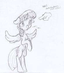 Size: 1354x1540 | Tagged: safe, artist:dilarus, ponerpics import, twilight sparkle, twilight sparkle (alicorn), alicorn, pony, cute, deleted from derpibooru, dialogue, disembodied hand, evil, hand, pure unfiltered evil, rearing, traditional art, twiabetes