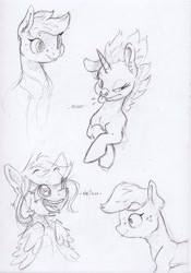 Size: 1659x2364 | Tagged: safe, artist:dilarus, ponerpics import, oc, oc only, oc:bass (dilarus), oc:beat (dilarus), oc:melody (dilarus), earth pony, pegasus, pony, unicorn, :p, band, black and white, deleted from derpibooru, fart and the butts, female, grayscale, mare, monochrome, open mouth, raspberry, silly, tongue, tongue out, traditional art