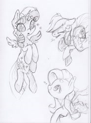 Size: 1697x2292 | Tagged: safe, artist:dilarus, ponerpics import, fluttershy, rainbow dash, twilight sparkle, twilight sparkle (alicorn), alicorn, pegasus, pony, deleted from derpibooru, female, flying, heart, mare, monochrome, pencil drawing, sparkles, traditional art, trio