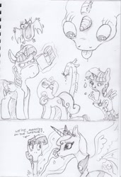 Size: 1693x2474 | Tagged: safe, artist:dilarus, ponerpics import, princess luna, sweetie belle, twilight sparkle, twilight sparkle (alicorn), alicorn, pony, unicorn, comic:sweetie belle—master of twilights, comic:the many faces of twilight sparkle, book, deleted from derpibooru, dialogue, magic, monochrome, not salmon, telekinesis, traditional art, wat
