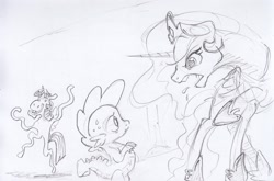 Size: 2464x1626 | Tagged: safe, artist:dilarus, ponerpics import, princess celestia, spike, twilight sparkle, twilight sparkle (alicorn), alicorn, dragon, pony, comic:the many faces of twilight sparkle, black and white, deleted from derpibooru, grayscale, monochrome, traditional art