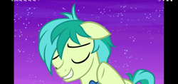 Size: 1520x720 | Tagged: safe, screencap, sandbar, earth pony, pony, she's all yak, bowtie, ears, eyes closed, floppy ears, grin, night, raised hoof, raised leg, screenshots, shipping, solo