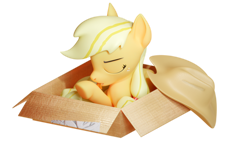 Size: 3840x2160 | Tagged: safe, artist:xppp1n, applejack, earth pony, pony, 3d, applejack's hat, behaving like a cat, blender, blender cycles, blonde, blonde mane, blonde tail, box, clothes, freckles, hat, licking, orange coat, simple background, solo, tongue, tongue out, transparent background, underhoof