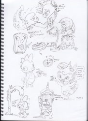 Size: 2552x3508 | Tagged: safe, artist:dilarus, ponerpics import, rarity, spike, twilight sparkle, twilight sparkle (alicorn), alicorn, dragon, frog, pony, unicorn, comic:the many faces of twilight sparkle, computer mouse, deleted from derpibooru, dialogue, knife, lamp, living clothes, monochrome, not salmon, objectification, soda, species swap, sponge, traditional art, vulgar, wat