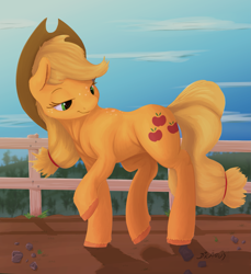 Size: 1701x1853 | Tagged: safe, artist:dilarus, artist:transgressors-reworks, color edit, edit, ponerpics import, applejack, earth pony, pony, colored, cowboy hat, deleted from derpibooru, female, fence, hat, mare, raised hoof, raised leg, signature, sketch, smiling, solo, stetson, traditional art