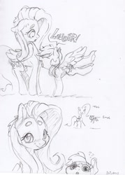 Size: 1618x2259 | Tagged: safe, artist:dilarus, ponerpics import, fluttershy, rainbow dash, pegasus, pony, sonic rainboom (episode), beanbrows, black and white, bust, deleted from derpibooru, dialogue, duo, eyebrows, eyes closed, female, grayscale, louder, mare, monochrome, pencil drawing, question mark, scene interpretation, simple background, smoldash, stick figure, stickmare, tallershy, traditional art, white background, yelling