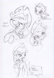 Size: 1673x2432 | Tagged: safe, artist:dilarus, ponerpics import, applejack, earth pony, pony, :p, black and white, cowboy hat, crossed hooves, dead parents, deleted from derpibooru, expressions, eyes closed, female, foal, grayscale, hat, laughing, mare, monochrome, my parents are dead, pencil drawing, phone number, raised hoof, raised leg, sad, sign, silly, silly pony, simple background, solo, tongue, tongue out, traditional art, white background, who's a silly pony