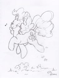 Size: 1633x2153 | Tagged: safe, artist:dilarus, part of a set, ponerpics import, pinkie pie, earth pony, pony, black and white, deleted from derpibooru, eyes closed, female, grayscale, jumping, mare, monochrome, music notes, pencil drawing, signature, simple background, solo, traditional art, white background
