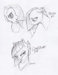 Size: 1937x2490 | Tagged: safe, artist:dilarus, part of a set, ponerpics import, limestone pie, marble pie, earth pony, pony, bust, deleted from derpibooru, duo, female, grayscale, mare, monochrome, pie sisters, siblings, signature, sisters, sketch, traditional art