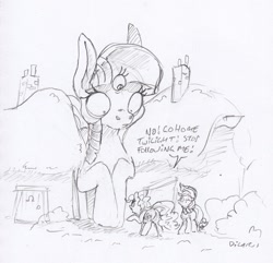 Size: 1608x1548 | Tagged: safe, artist:dilarus, ponerpics import, applejack, pinkie pie, earth pony, pony, comic:the many faces of twilight sparkle, applejack's hat, bush, clothes, cowboy hat, deleted from derpibooru, dialogue, hat, macro, monochrome, size difference, species swap, third eye, traditional art