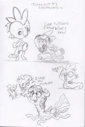 Size: 1630x2432 | Tagged: safe, artist:dilarus, ponerpics import, spike, twilight sparkle, twilight sparkle (alicorn), alicorn, dragon, pony, comic:the many faces of twilight sparkle, deleted from derpibooru, dialogue, heart, monochrome, noodle arms, traditional art, transformation