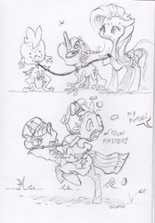 Size: 1648x2370 | Tagged: safe, artist:dilarus, ponerpics import, fluttershy, spike, twilight sparkle, twilight sparkle (alicorn), alicorn, dragon, pegasus, pony, comic:the many faces of twilight sparkle, bridle, collar, deleted from derpibooru, dialogue, leash, monochrome, stealing, tack, tallershy, traditional art