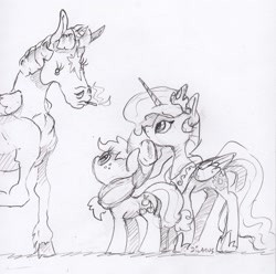 Size: 1655x1640 | Tagged: safe, artist:dilarus, ponerpics import, applejack, princess celestia, twilight sparkle, twilight sparkle (alicorn), alicorn, earth pony, horse, pony, comic:the many faces of twilight sparkle, applejack's hat, cigarette, clothes, cowboy hat, crown, deleted from derpibooru, eye contact, hat, hoers, horseshoes, jewelry, looking at each other, looking up, monochrome, peytral, regalia, smoking, species swap, traditional art